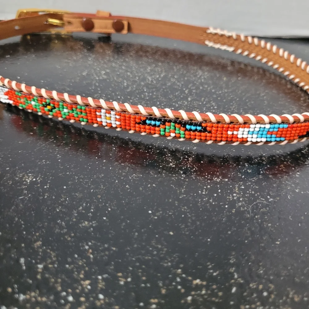 Vintage Brown Leather Beaded Women's Belt